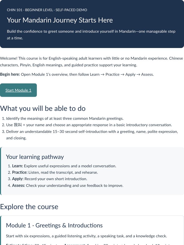 Canvas course home with a Mandarin welcome banner, Start Module 1 link, learning outcomes, and Learn–Practice–Apply–Assess pathway.