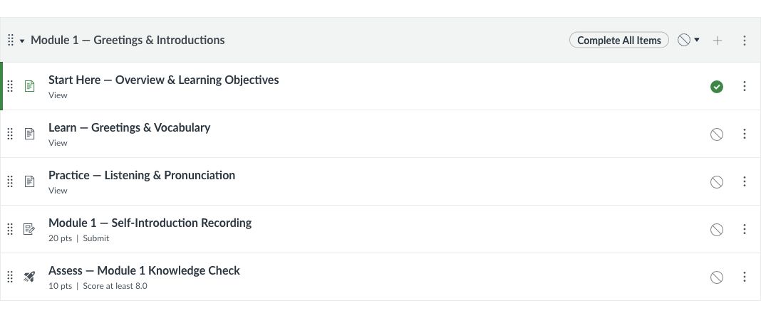 Canvas Module 1 listing Overview, Vocabulary, Listening, Self-Introduction Recording, and Knowledge Check, with View, Submit, and Score at least 8.0 requirements.