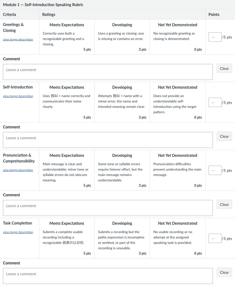 Unscored Canvas rubric with Greetings and Closing, Self-Introduction, Pronunciation and Comprehensibility, and Task Completion, each with five-, three-, and zero-point rating descriptions.