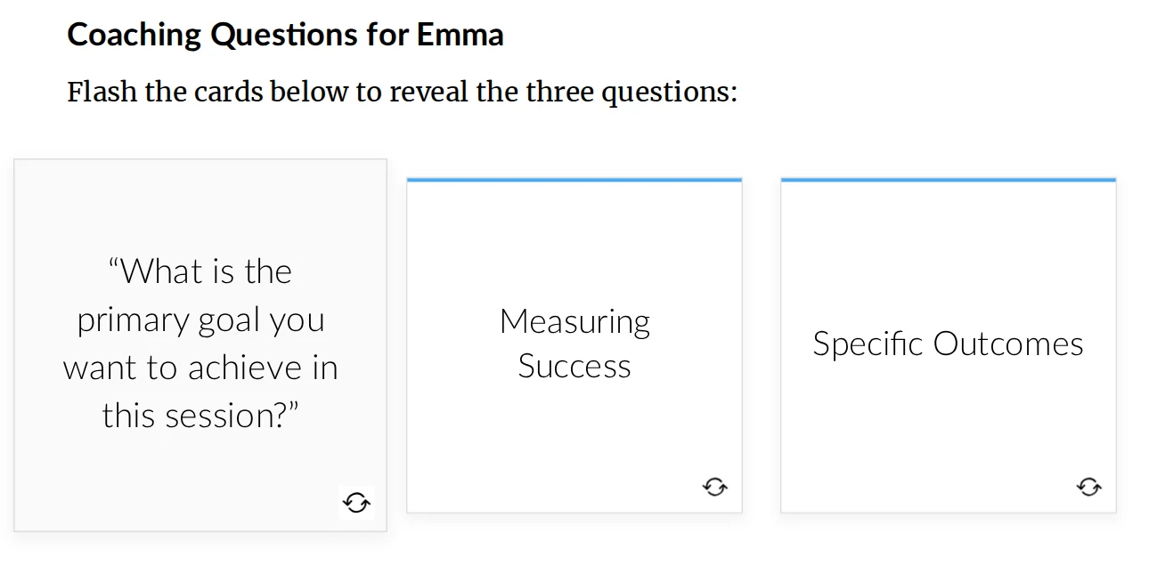 Center of Focus flashcards with one card flipped to reveal an example coaching question about the session goal.