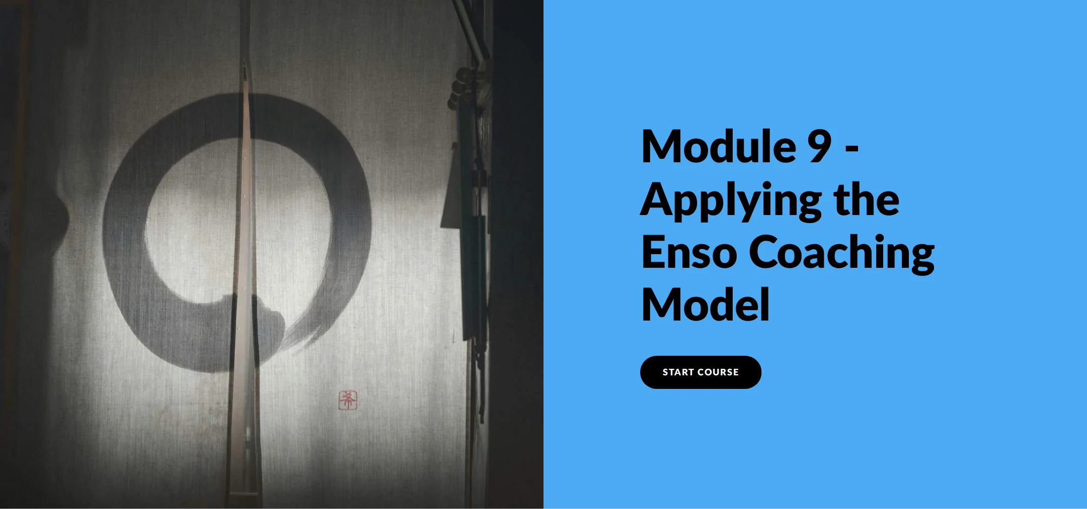 Rise 360 Module 9 landing screen with an Enso circle image, the Applying the Enso Coaching Model title, and Start Course button.