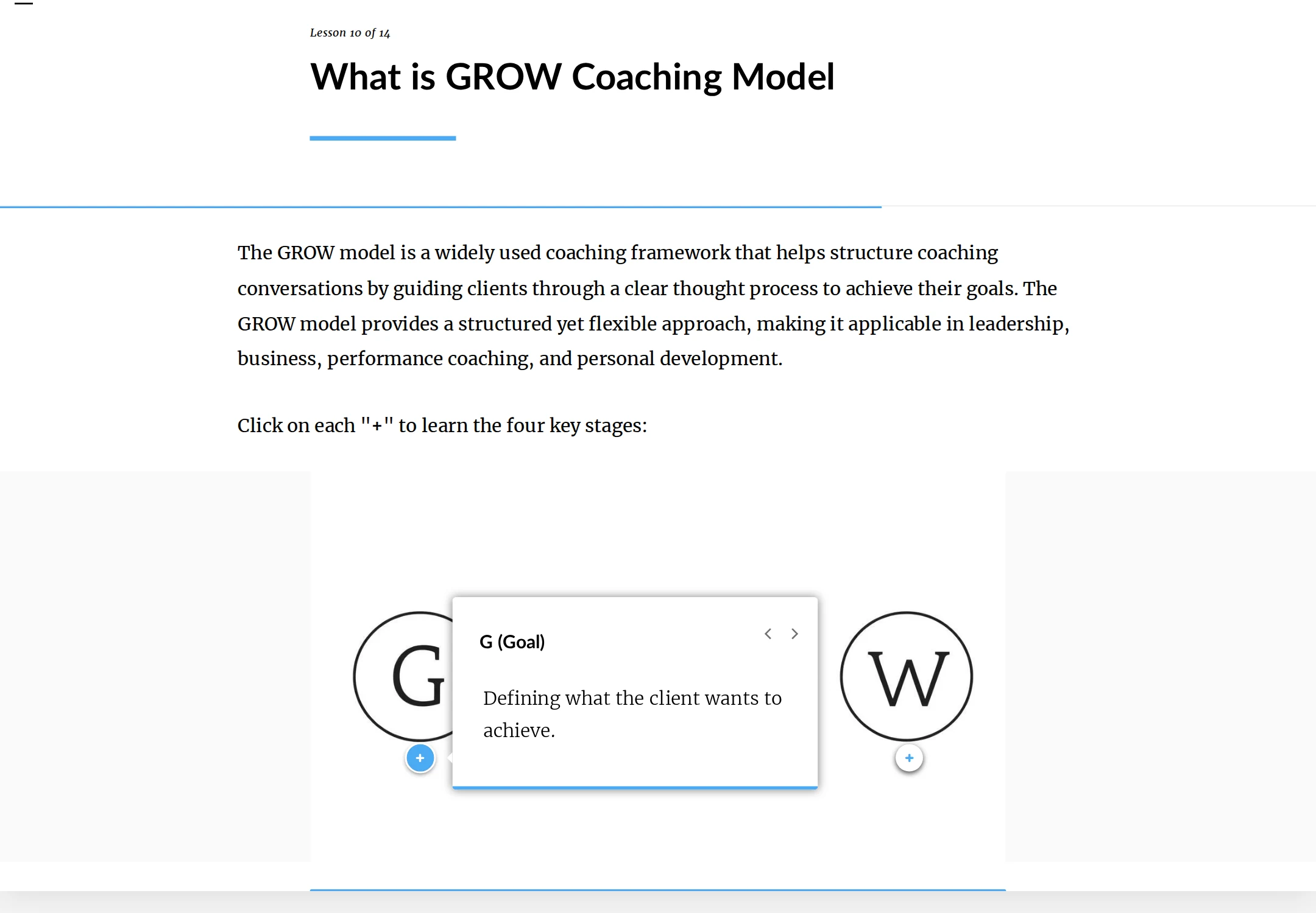 GROW labeled graphic with Goal, Reality, Options, and Way Forward markers and the Goal explanation open.