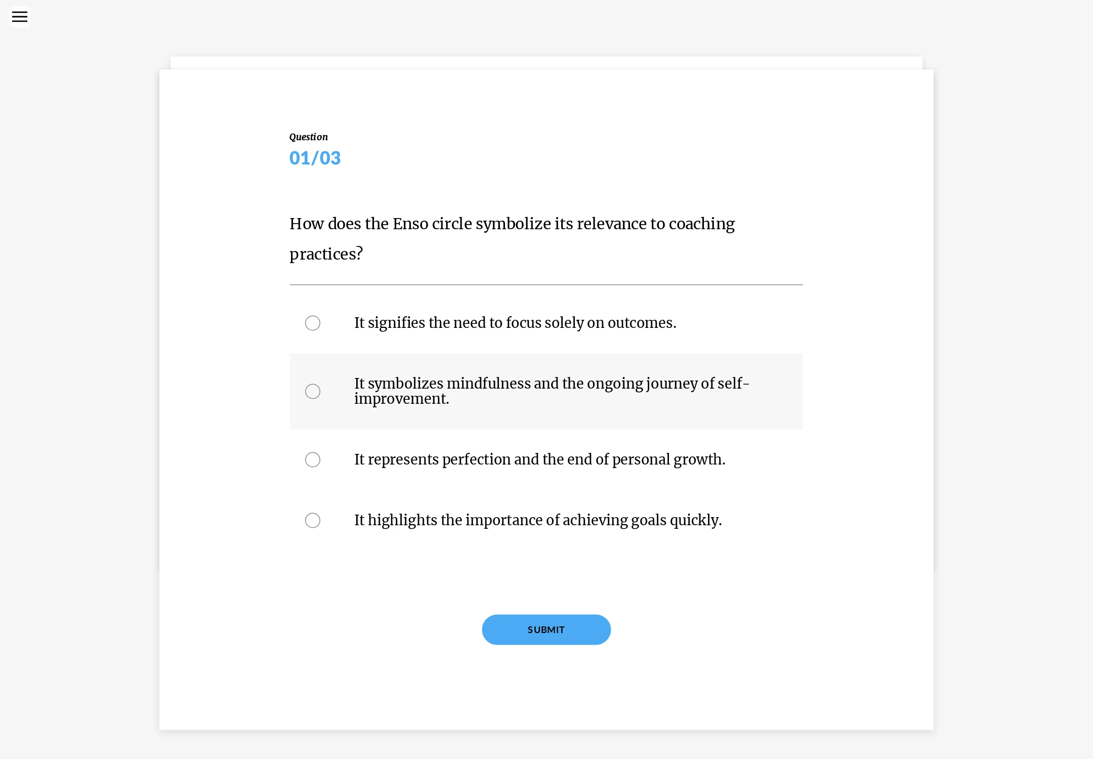 Rise 360 Knowledge Test showing a multiple-choice question about what the Enso circle symbolizes in coaching.