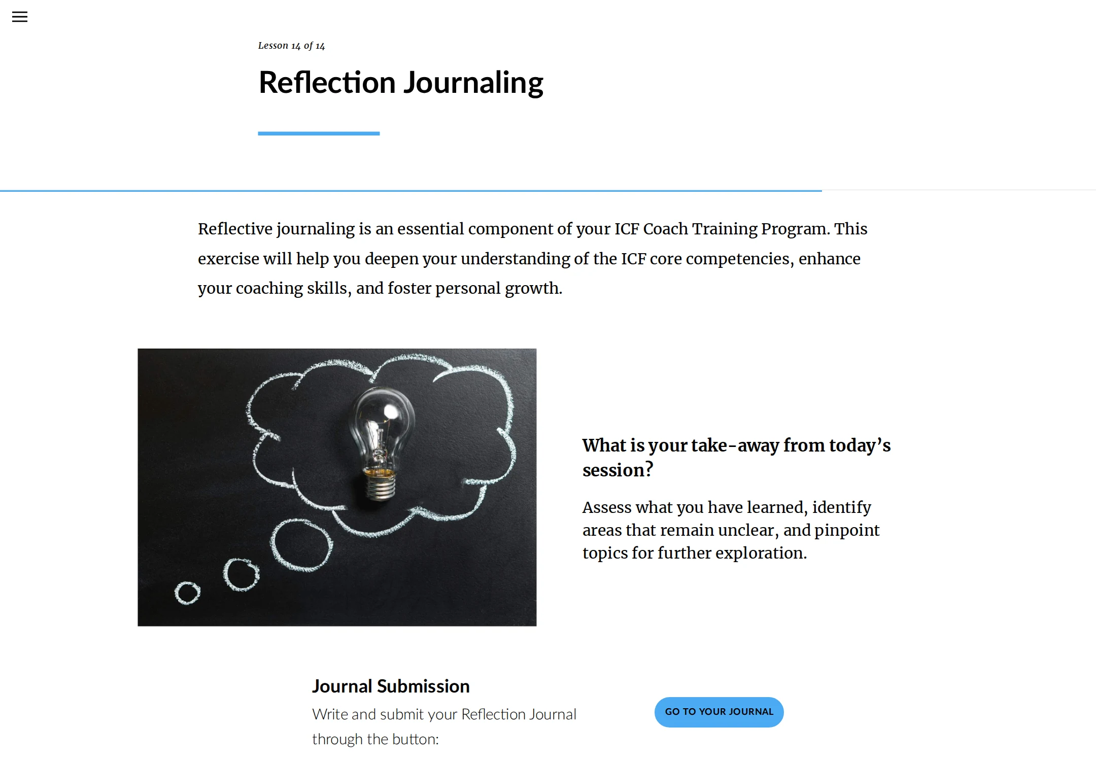 Reflection Journaling lesson asking learners for their takeaway, unclear areas, and topics for further exploration.