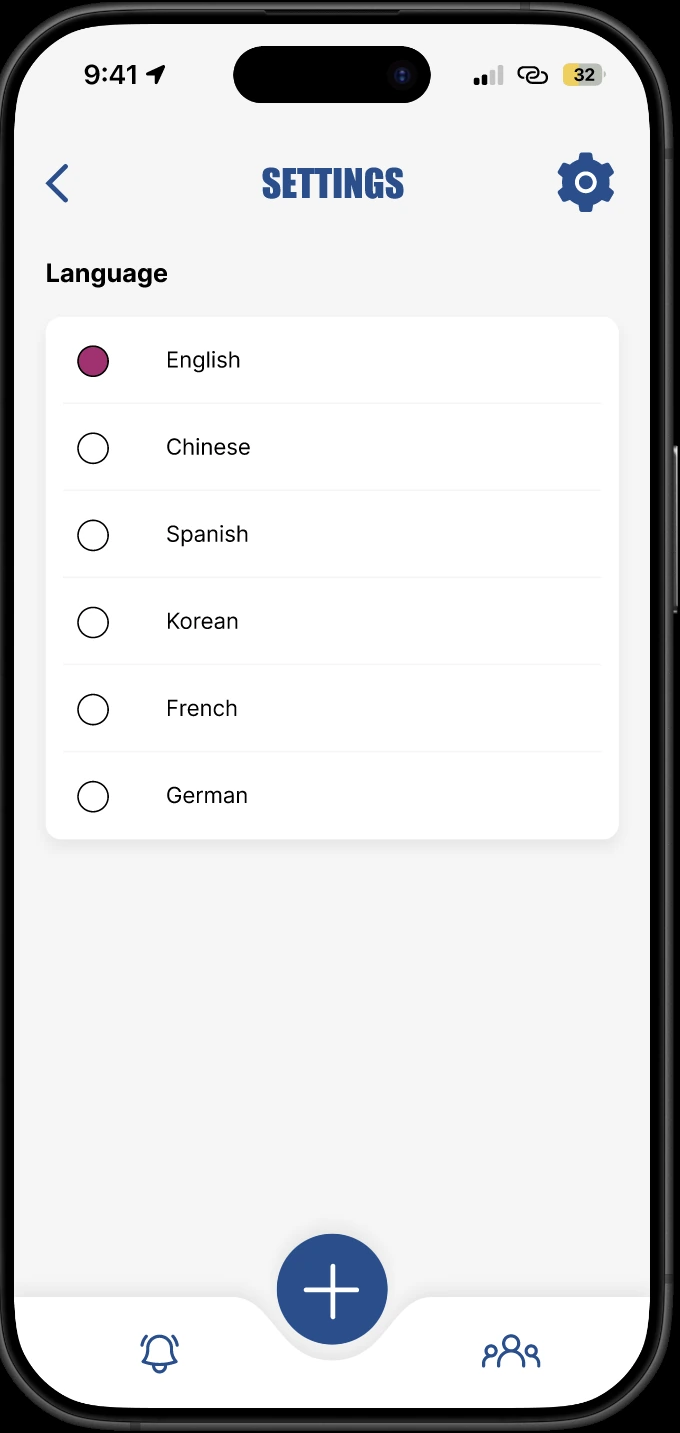 Final Settings language menu listing English, Chinese, Spanish, Korean, French and German, with English selected.