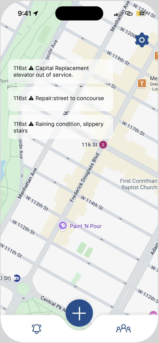 Discover: map of community accessibility reports around Columbia.