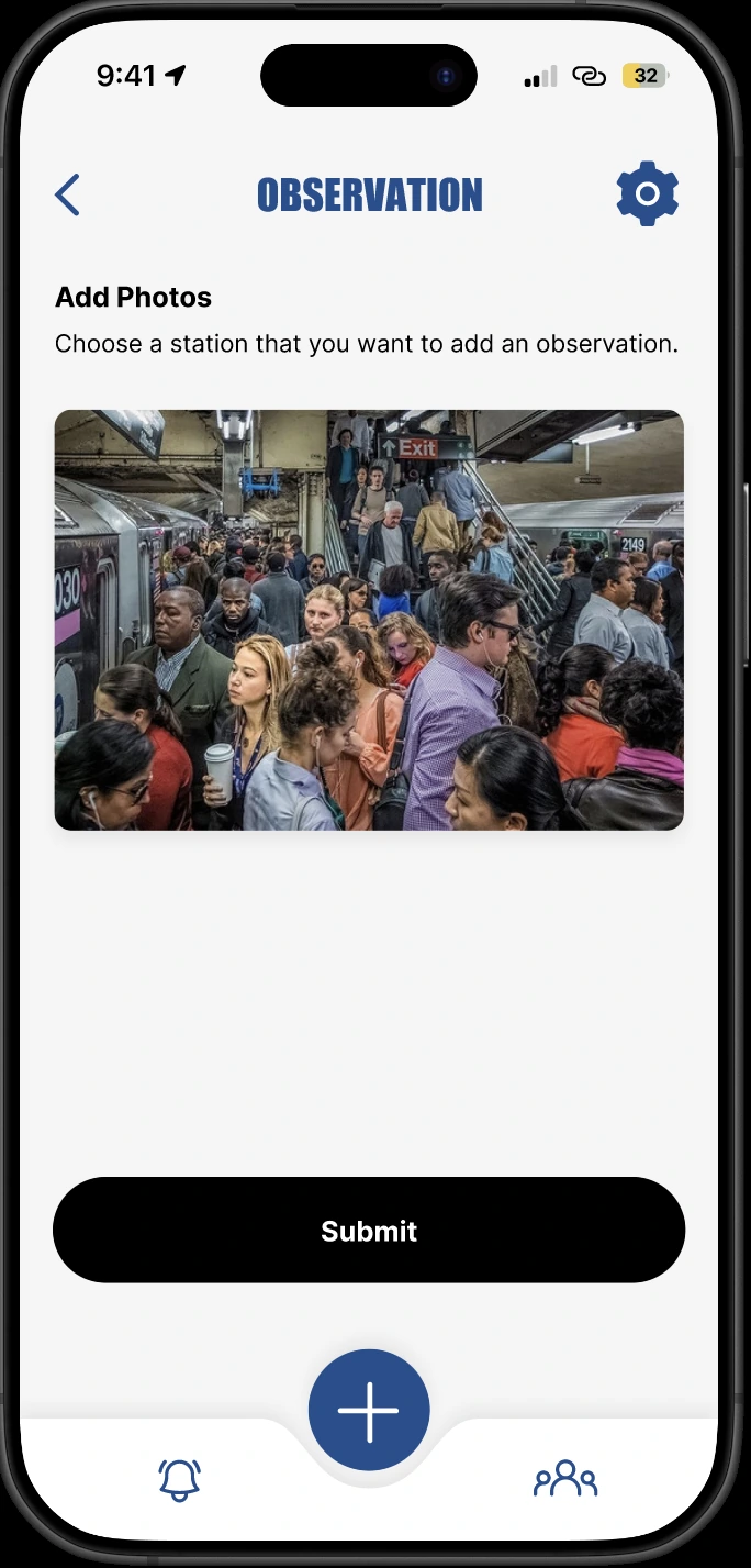 Final Add Photos screen showing a crowded subway platform and stairway above a Submit button.