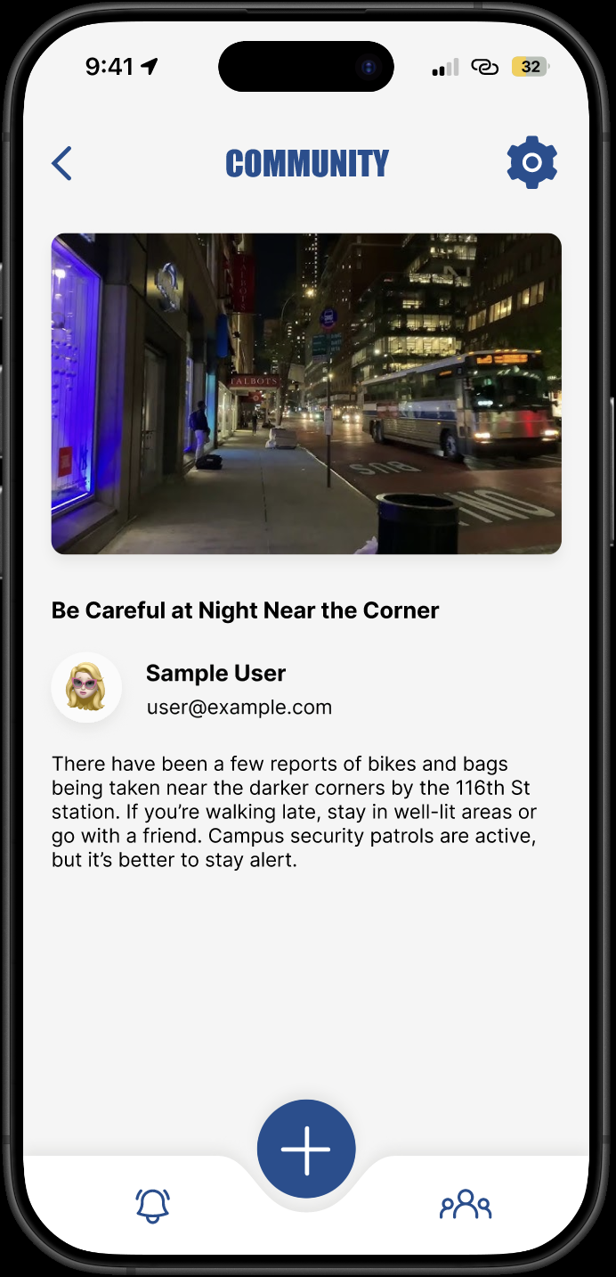 Final Community post with a nighttime street photograph, the title Be Careful at Night Near the Corner, a sample contributor identity and explanatory text.