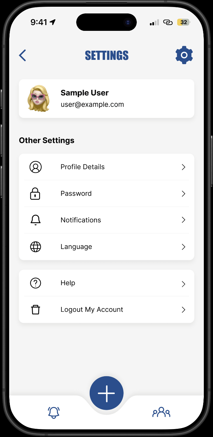 Final Settings screen with Sample User, user@example.com, Profile Details, Password, Notifications, Language, Help and Logout My Account.