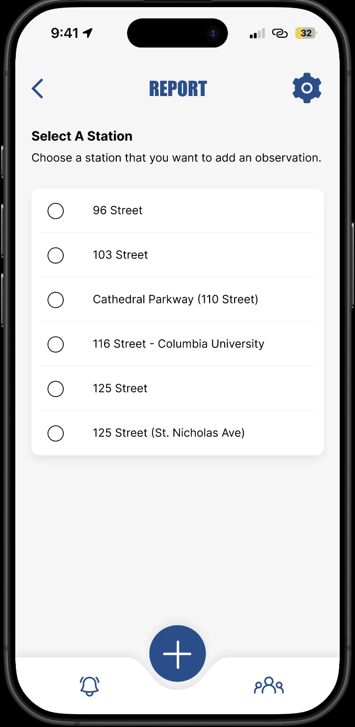 Final Report screen listing stations from 96 Street to 125 Street beneath Select A Station.